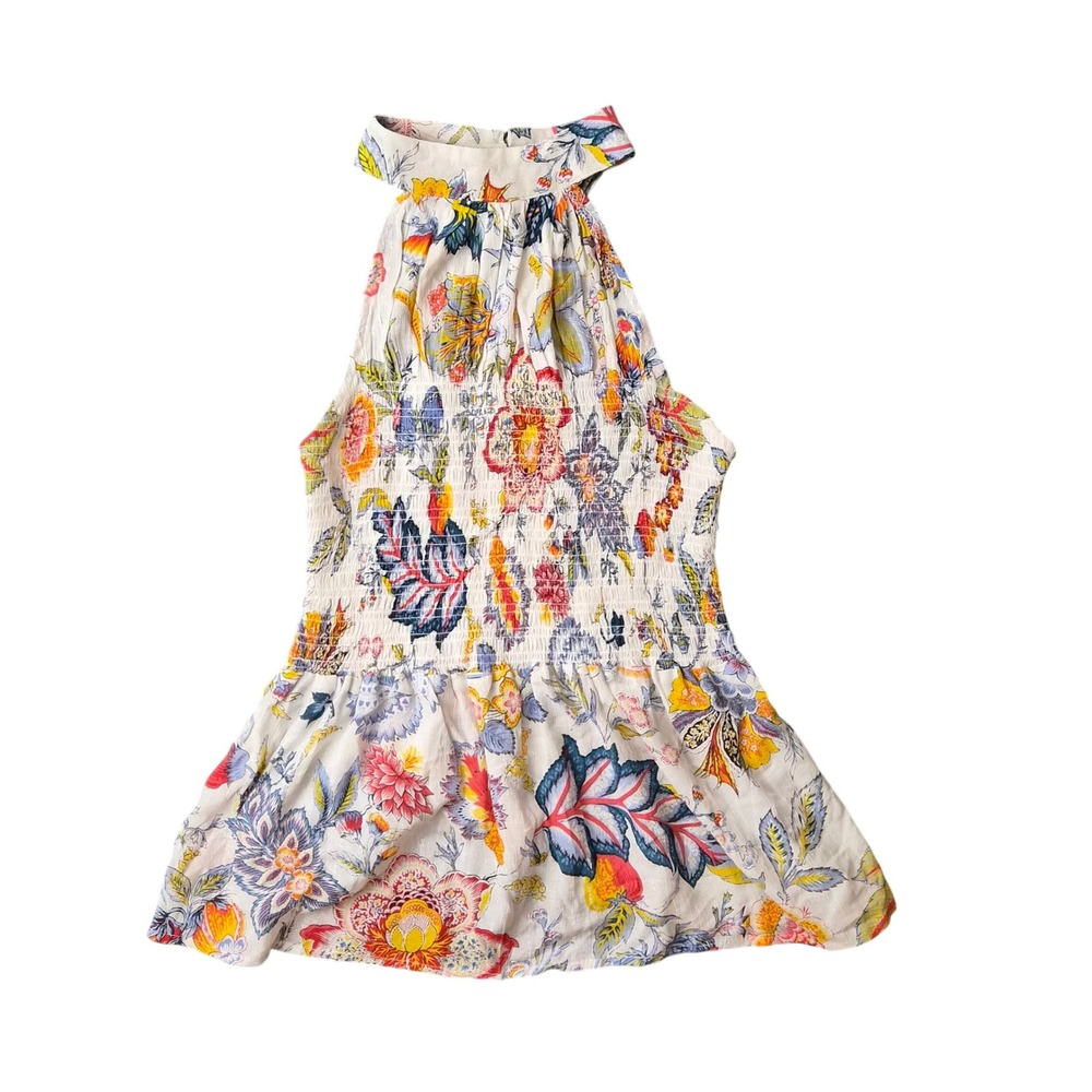 Cynthia Rowley Floral Smocked Halter Top Peplum Blouse Multi Color Size M